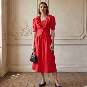 Vintage Justine Coord Set Red Midi Dress Puff Sleeve Jacket XS Cottage French